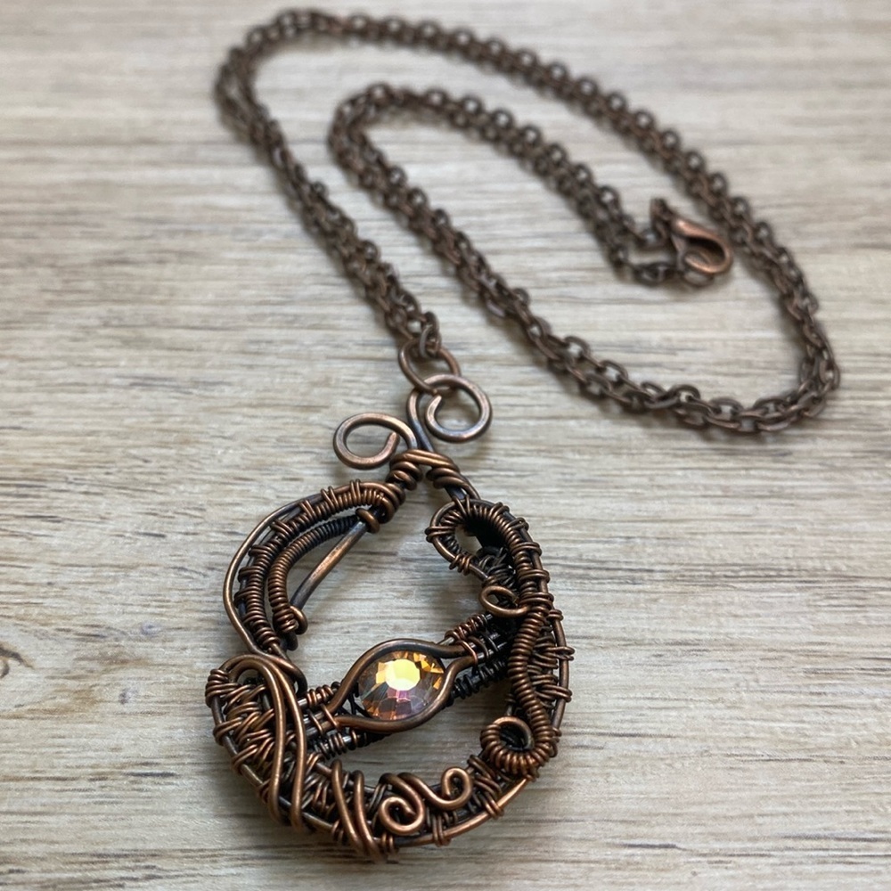 Handmade Wrapped Wire Pendant Necklace Boho Rhinestone
